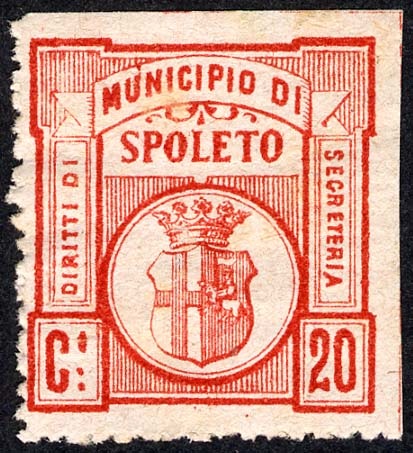 Marca da Bollo del Comune di SPOLETO su Carta Bianca di dimensioni 24 x 26,5 mm