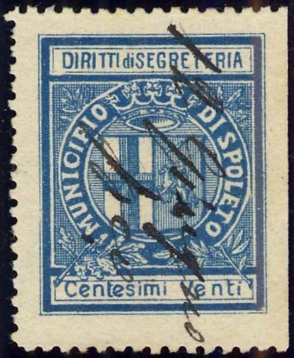 Marca da Bollo del Comune di SPOLETO su Carta Bianca di dimensioni 22,5 x 28,5 mm
