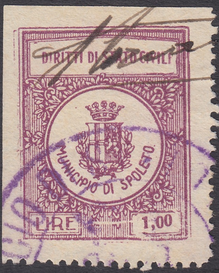 Marca da Bollo del Comune di SPOLETO su Carta Bianca di dimensioni 23 x 29,5 mm