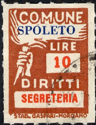 Marca da Bollo del Comune di SPOLETO su Carta Bianca Sottile di dimensioni 18,5 x 25,5 mm