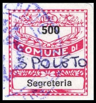 Marca da Bollo del Comune di SPOLETO su Carta Bianca di dimensioni 19 x 21 mm