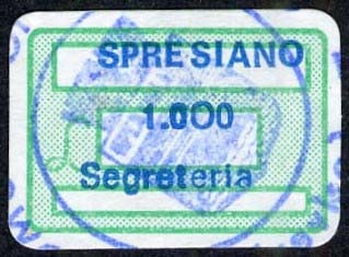 Marca da Bollo del Comune di SPRESIANO su Carta Bianca di dimensioni 19 x 13,5 mm