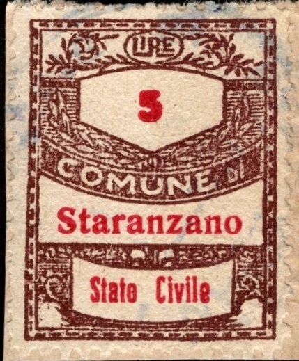 Marca da Bollo del Comune di STARANZANO su Carta Bianca di dimensioni 22,5 x 29 mm