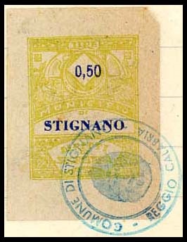 Marca da Bollo del Comune di STIGNANO su Carta Bianca di dimensioni 22,5 x 29 mm