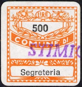 Marca da Bollo del Comune di STIMIGLIANO su Carta Bianca di dimensioni 15 x 16,5 mm