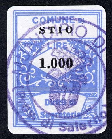 Marca da Bollo del Comune di STIO su Carta Bianca di dimensioni 21,5 x 28 mm