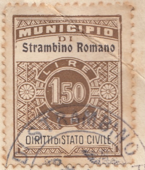 Marca da Bollo del Comune di STRAMBINO ROMANO su Carta Bianca di dimensioni 22,5 x 29 mm