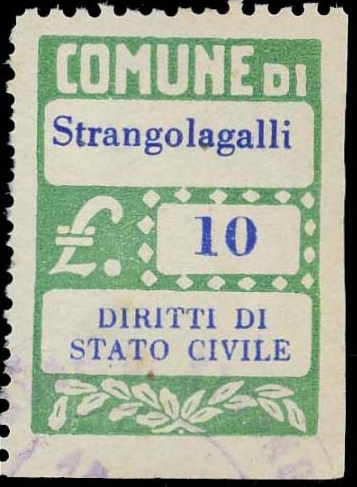 Marca da Bollo del Comune di STRANGOLAGALLI su Carta Bianca di dimensioni 20 x 28 mm