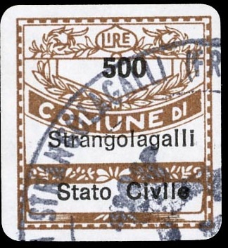 Marca da Bollo del Comune di STRANGOLAGALLI su Carta Bianca di dimensioni 19 x 21 mm