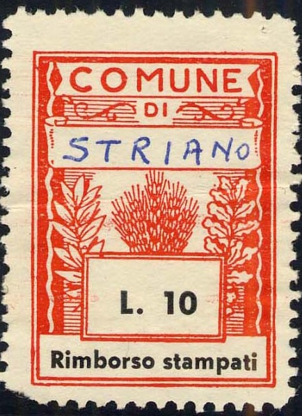 Marca da Bollo del Comune di STRIANO su Carta Bianca di dimensioni 24,5 x 34 mm