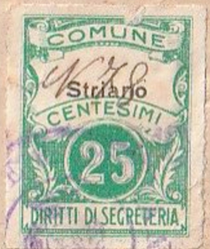 Marca da Bollo del Comune di STRIANO su Carta Bianca di dimensioni 22,5 x 29 mm