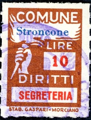 Marca da Bollo del Comune di STRONCONE su Carta Bianca Sottile di dimensioni 18 X 25,5 mm