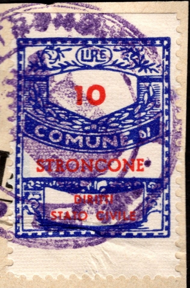Marca da Bollo del Comune di STRONCONE su Carta Bianca Sottile di dimensioni 22,5 X 33 mm