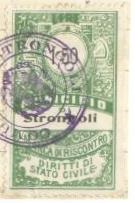 Marca da Bollo del Comune di STRONGOLI su Carta Bianca di dimensioni 26 x 43,5 mm