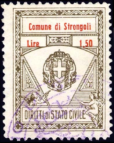 Marca da Bollo del Comune di STRONGOLI su Carta Bianca Sottile di dimensioni 22,5 x 30 mm