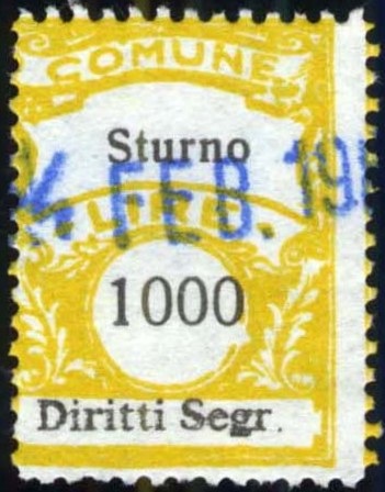 Marca da Bollo del Comune di STURNO su Carta Bianca Sottile di dimensioni 22,5 x 29 mm