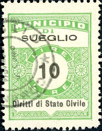 Marca da Bollo del Comune di SUEGLIO su Carta Bianca di dimensioni 22,5 x 29 mm