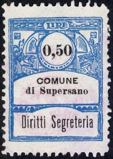 Marca da Bollo del Comune di SUPERSANO su Carta Bianca di dimensioni 21,5 x 28,5 mm