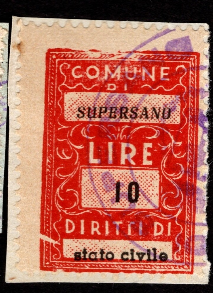 Marca da Bollo del Comune di SUPERSANO su Carta Bianca di dimensioni 21 X 27 mm