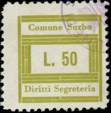 Marca da Bollo del Comune di SURBO su Carta Bianca di dimensioni 20 x 20 mm