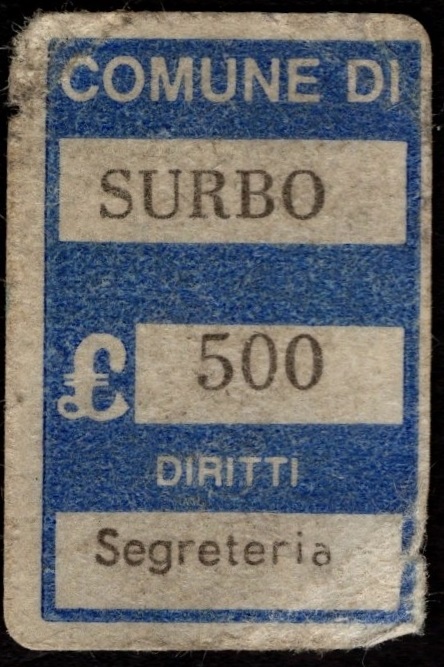 Marca da Bollo del Comune di SURBO su Carta Bianca di dimensioni 14 x 22 mm