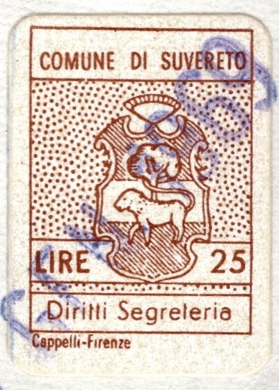 Marca da Bollo del Comune di SUVERETO su Carta Bianca di dimensioni 13,5 x 19,5 mm