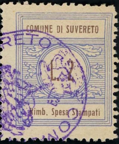 Marca da Bollo del Comune di SUVERETO su Carta Bianca di dimensioni 22 x 26 mm