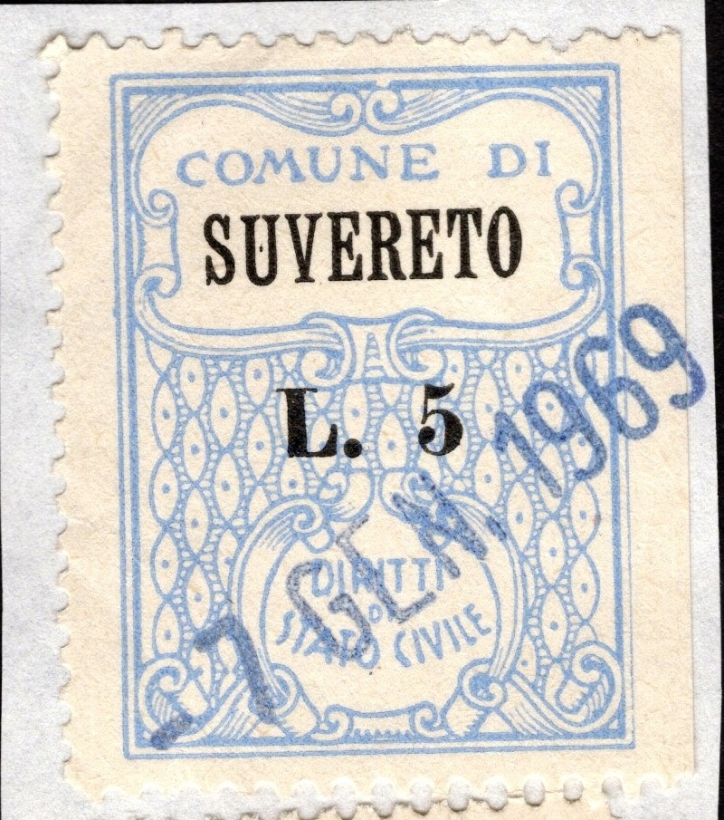 Marca da Bollo del Comune di SUVERETO su Carta Bianca di dimensioni 22 x 26 mm