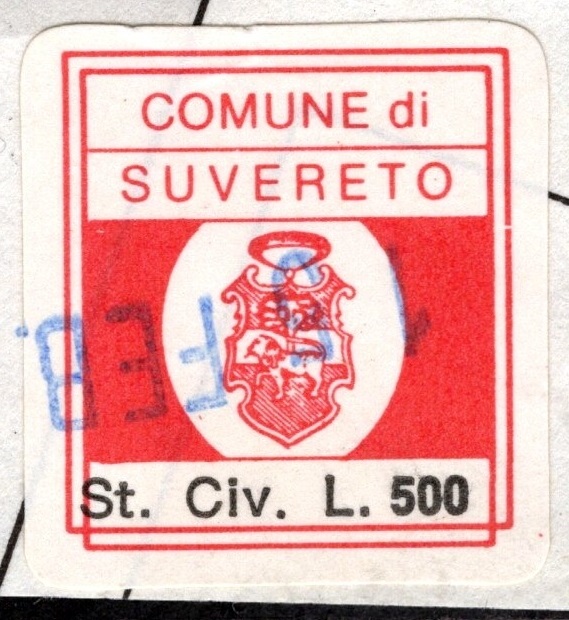 Marca da Bollo del Comune di SUVERETO su Carta Bianca di dimensioni 19 x 21 mm