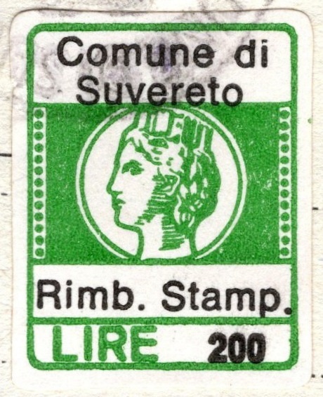 Marca da Bollo del Comune di SUVERETO su Carta Bianca di dimensioni 19 x 21 mm