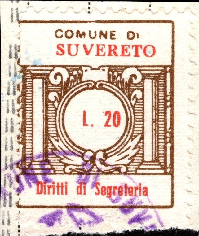 Marca da Bollo del Comune di SUVERETO su Carta Bianca di dimensioni 21 x 24 mm