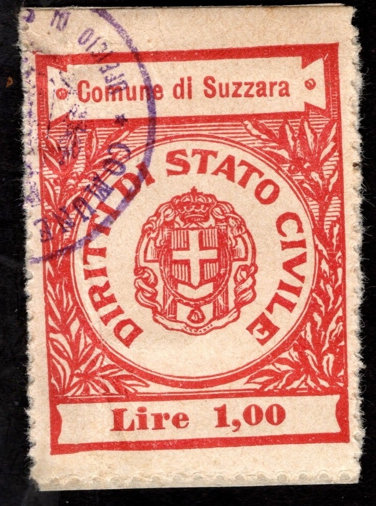 Marca da Bollo del Comune di SUZZARA su Carta Bianca Sottile di dimensioni 25 x 31 mm