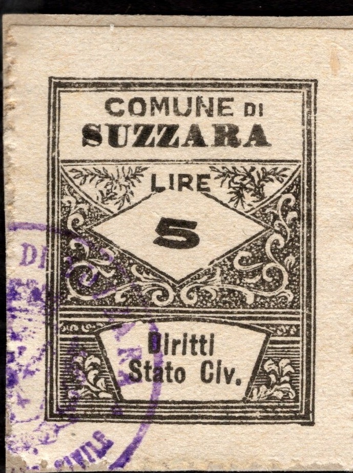 Marca da Bollo del Comune di SUZZARA su Carta Bianca Sottile di dimensioni 22,5 x 29 mm