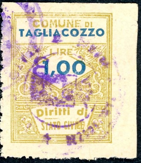 Marca da Bollo del Comune di TAGLIACOZZO su Carta Bianca Sottile di dimensioni 22 x 29 mm