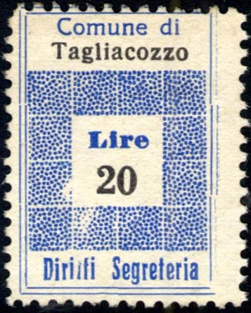 Marca da Bollo del Comune di TAGLIACOZZO su Carta Bianca Sottile di dimensioni 19,5 x 28 mm