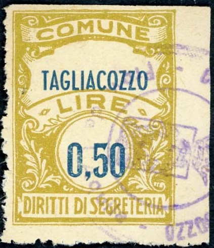 Marca da Bollo del Comune di TAGLIACOZZO su Carta Bianca Sottile di dimensioni 22,5 x 29 mm