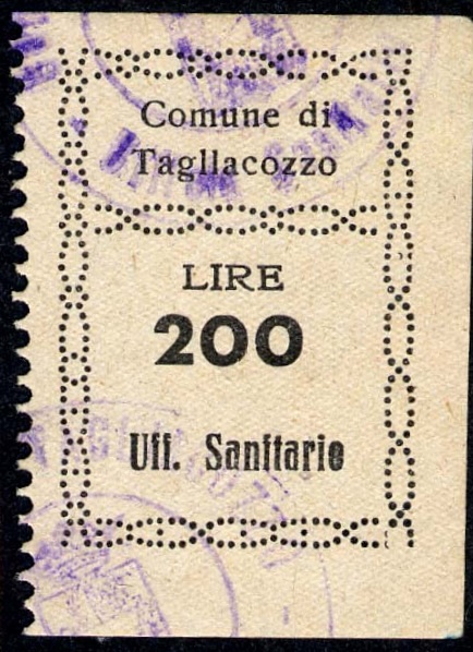 Marca da Bollo del Comune di TAGLIACOZZO su Carta Bianca di dimensioni mm