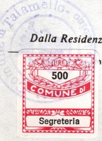 Marca da Bollo del Comune di TALAMELLO su Carta Bianca di dimensioni 19 x 21 mm