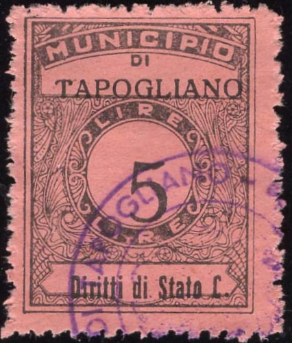 Marca da Bollo del Comune di TAPOGLIANO su Carta Colorata di dimensioni 23 x 27 mm