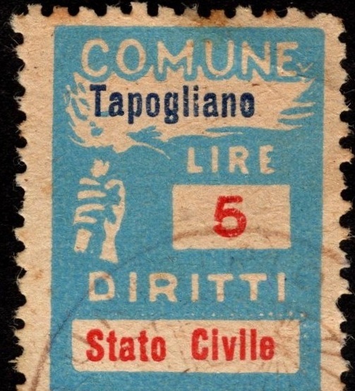Marca da Bollo del Comune di TAPOGLIANO su Carta Bianca Sottile di dimensioni 18 x 26 mm