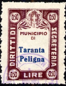Marca da Bollo del Comune di TARANTA PELIGNA su Carta Bianca di dimensioni mm