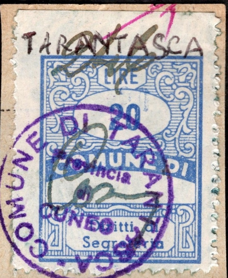 Marca da Bollo del Comune di TARANTASCA su Carta Bianca di dimensioni 21 X 27 mm