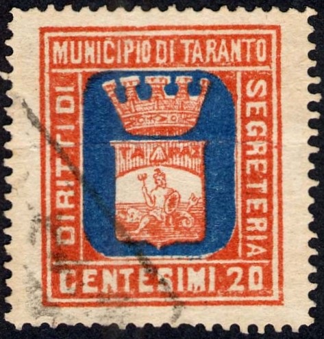 Marca da Bollo del Comune di TARANTO su Carta Bianca di dimensioni 23,5 x 29 mm