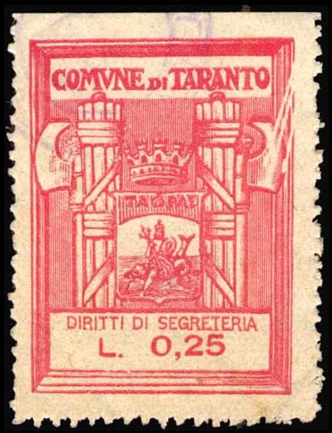 Marca da Bollo del Comune di TARANTO su Carta Bianca Sottile di dimensioni 26 x 36 mm