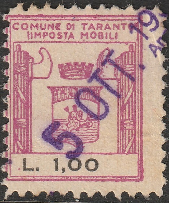 Marca da Bollo del Comune di TARANTO su Carta Bianca Sottile di dimensioni 21 x 29 mm