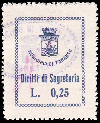 Marca da Bollo del Comune di TARANTO su Carta Bianca Sottile di dimensioni 24 x 31,5 mm
