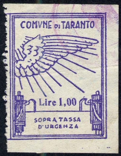 Marca da Bollo del Comune di TARANTO su Carta Bianca Sottile di dimensioni 46 x 37 mm