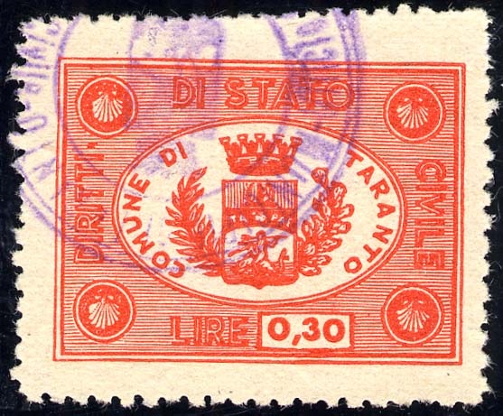 Marca da Bollo del Comune di TARANTO su Carta Bianca Sottile di dimensioni 32 x 23,5 mm