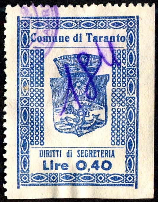 Marca da Bollo del Comune di TARANTO su Carta Bianca Sottile di dimensioni 28 x 39,5 mm