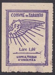 Marca da Bollo del Comune di TARANTO su Carta Bianca Sottile di dimensioni 27 x 37 mm
